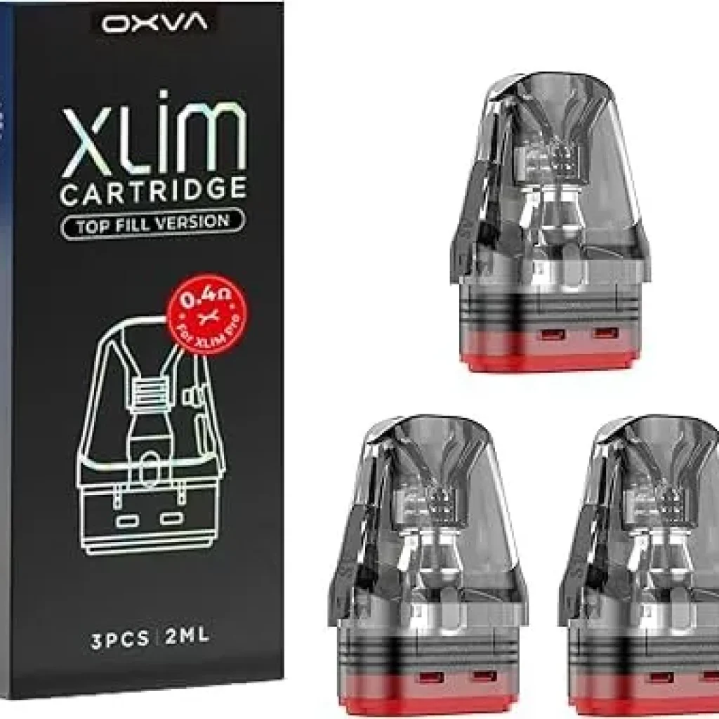 OXVΑ Xlim cartridge box shown next to three transparent replacement pods with red bases (top-fill version) for vaping device