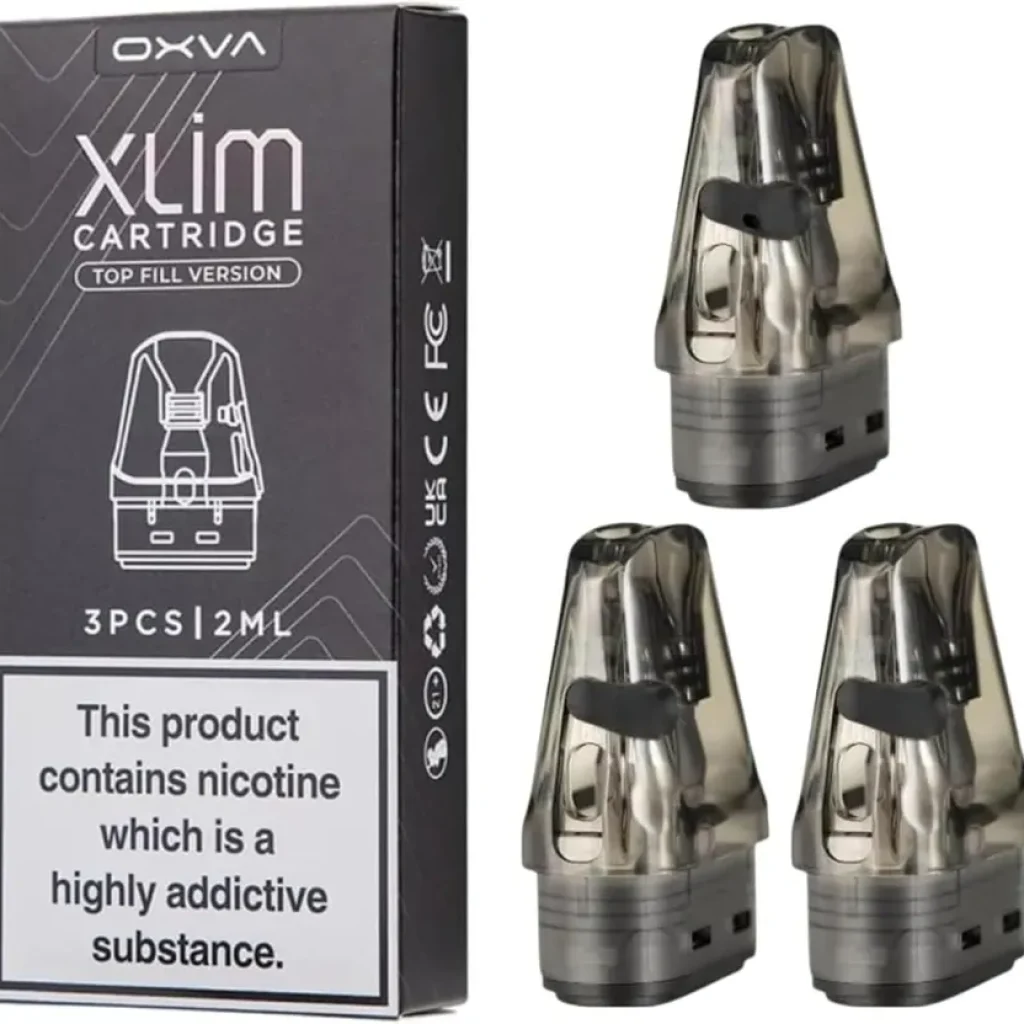 Box for Oxva Xlim cartridge top-fill version with three 2 ml pods and nicotine warning on the front.
