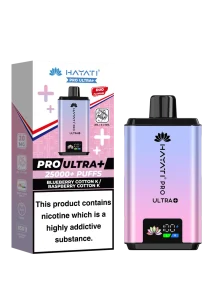 Gradient purple–pink Hayat Pro Ultra+ vape pod beside its packaging with color‑block design and nicotine warning on the box.