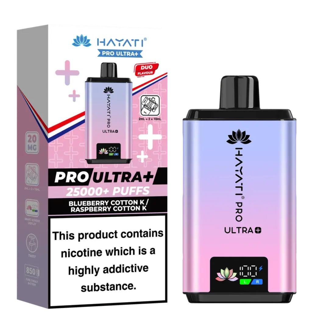 Gradient purple–pink Hayat Pro Ultra+ vape pod beside its packaging with color‑block design and nicotine warning on the box.